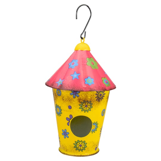 7.75" Red & Yellow Metal Birdhouse With Flowers By Northlight in Yellow/Red | 7.75" x 4.25" x 4.25" | Michaels®